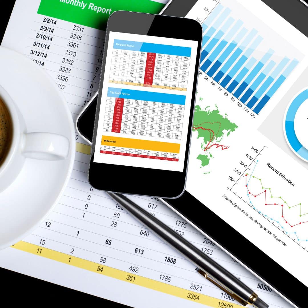 Smart phone and tablet with report and coffee cup