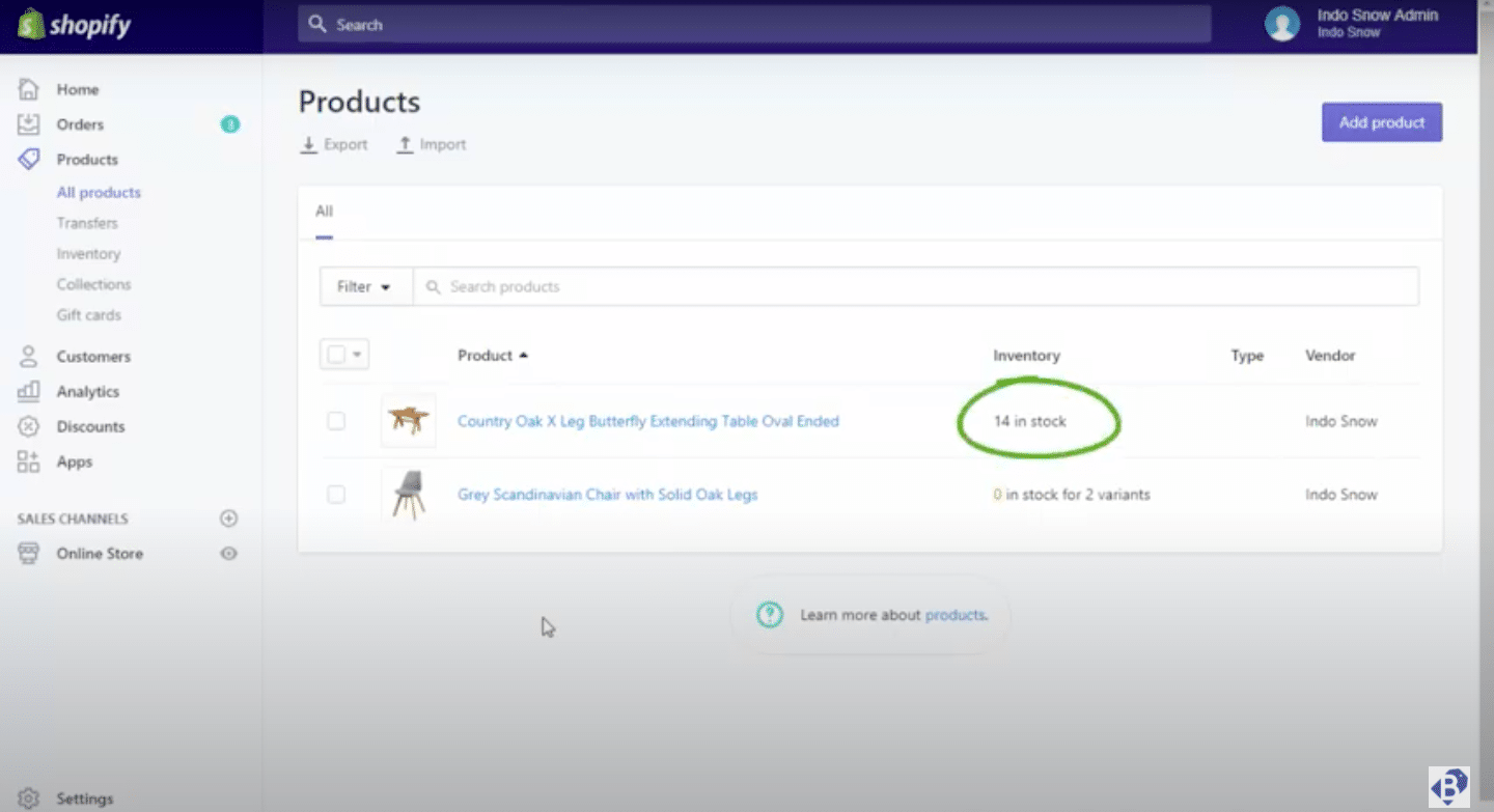 Screenshot of the Shopify interface displaying a product's stock availability.