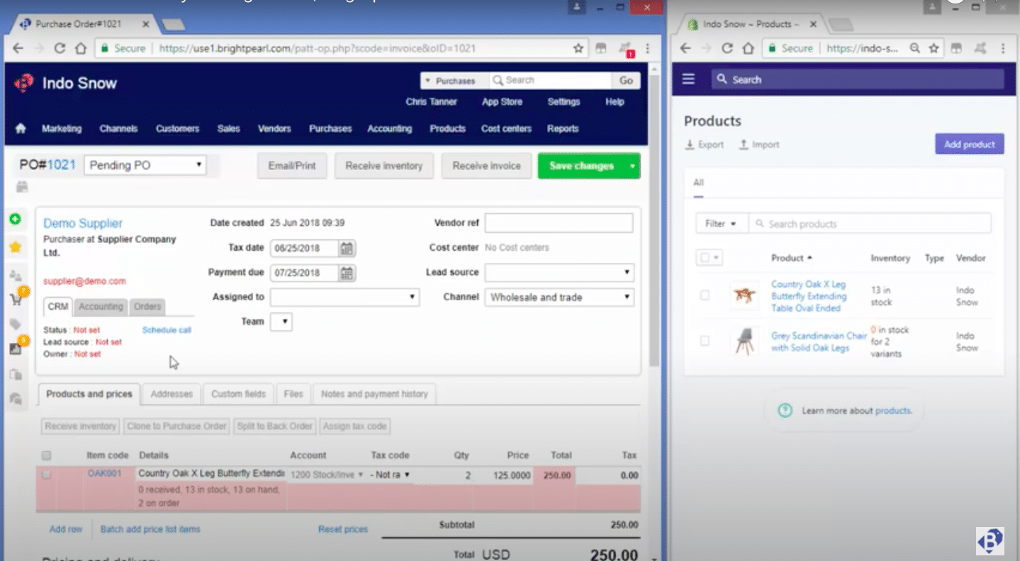 Screenshot of the Brightpearl interface while creating a purchase order (PO).