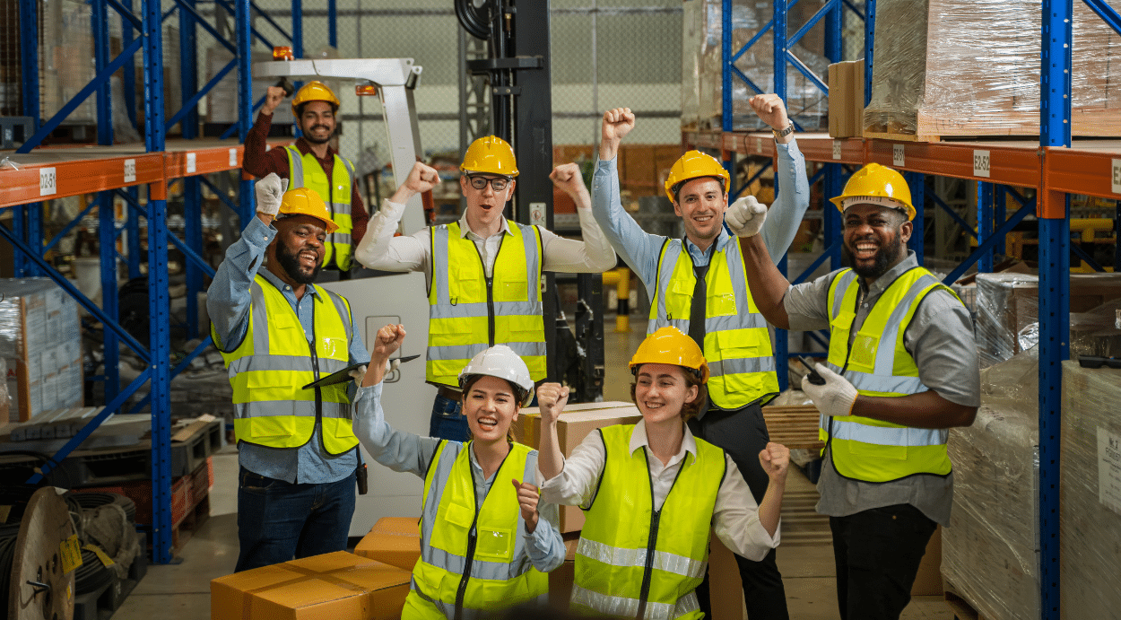 A Happy warehouse team.